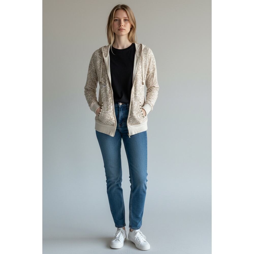 Witness Y2K Vintage Cream Jacquard Lightweight Hoodie Long Sleeve Small Sheer